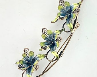 SIGNED Enamel Filigree Orchid Pin 800 Silver Vintage 3.25 Inches