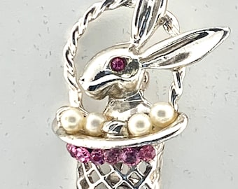 Vintage Bunny Basket Pin Rhinestones Faux Pearls