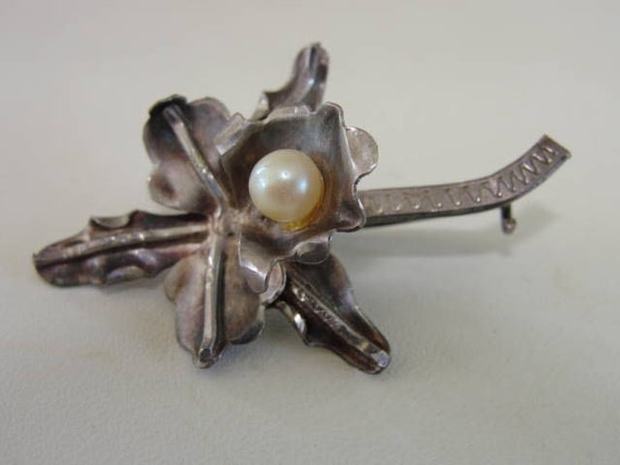 Handmade Orchid Pin Sterling Silver Vintage Pearl - image 2