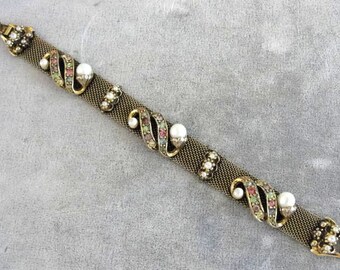Pastel Mesh Bracelet Pearls Rhinestones Vintage Fabulous
