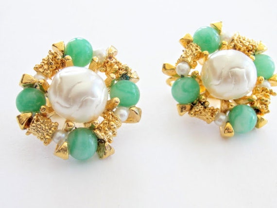 Mint Green Earrings Faux Pearls Clip Ons Nuggets - image 2