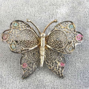 Enamel Filigree Butterfly Pin Vintage Silver Signed