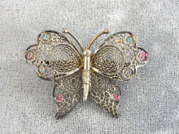 Enamel Filigree Butterfly Pin Vintage Silver Sign… - image 1