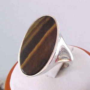 Tiger Eye Ring Sterling Buff Top Sleek Silver Vintage