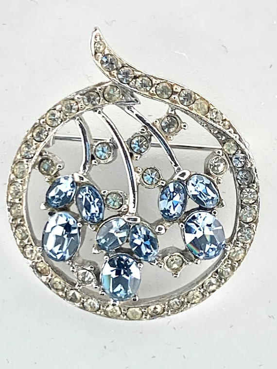 Blue Crystal Rhinestone Vintage Brooch Rhodium - image 1