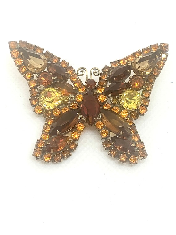 WEISS Butterfly Brooch Topaz Rhinestones Vintage P