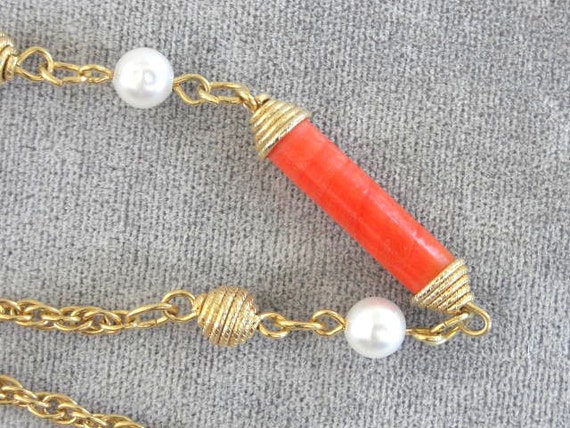 Faux Coral Tube and Pearl 36" Long Neck Nice - image 5