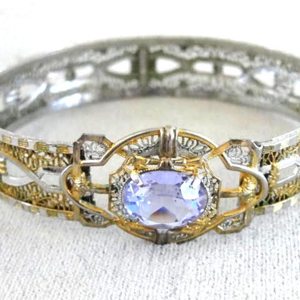 Art Deco 2 Tone Bracelet Purple Locking Cuff Filigree Signed 1933