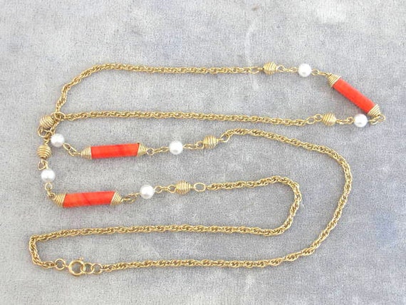 Faux Coral Tube and Pearl 36" Long Neck Nice - image 1