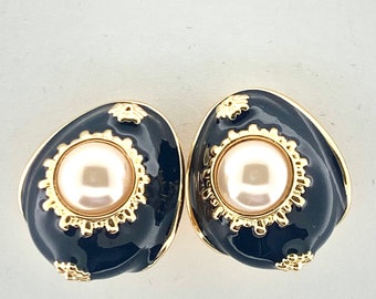 JOAN RIVERS Earrings Vintage Navy Blue Enamel Clip Ons Faux Pearls Classic