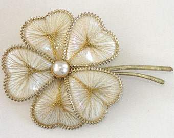 Wire Flower Pin Spun Heart Shape Petals Handmade Gold Tone Vintage