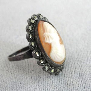 OLD Shell Cameo Marcasite Sterling Ring Bild 3