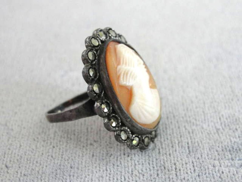 OLD Shell Cameo Marcasite Sterling Ring Bild 3