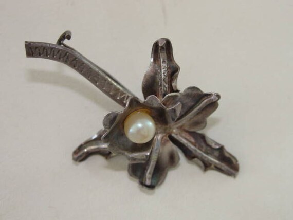 Handmade Orchid Pin Sterling Silver Vintage Pearl - image 4