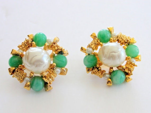 Mint Green Earrings Faux Pearls Clip Ons Nuggets - image 1