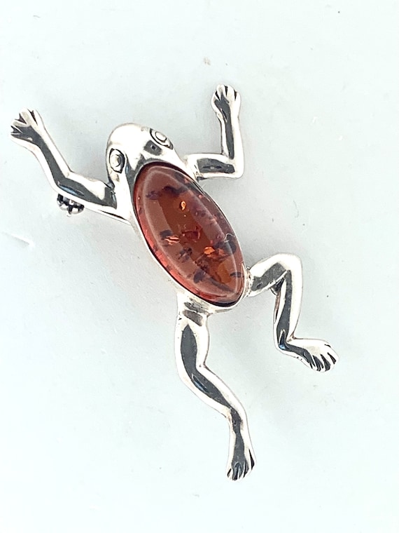 Amber Frog Pin Sterling Silver Vintage