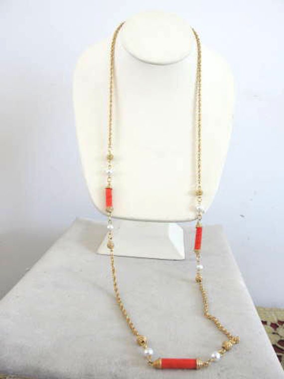 Faux Coral Tube and Pearl 36" Long Neck Nice - image 2