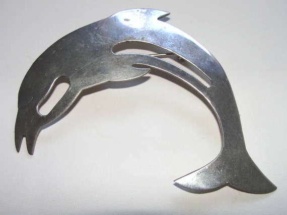 Dolphin Sterling Brooch Pin Large Signed Openwork… - image 1