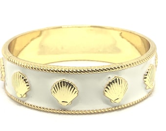 Vintage Shell Motif Bangle Bracelet Enamel Signed Substantial