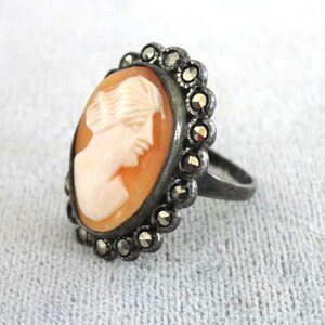 OLD Shell Cameo Marcasite Sterling Ring Bild 2