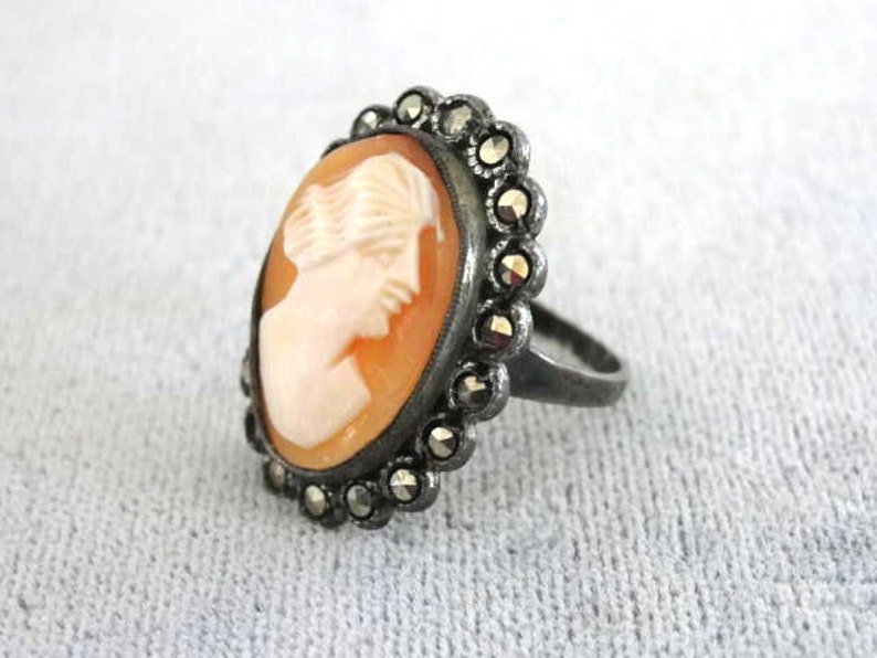 OLD Shell Cameo Marcasite Sterling Ring Bild 2