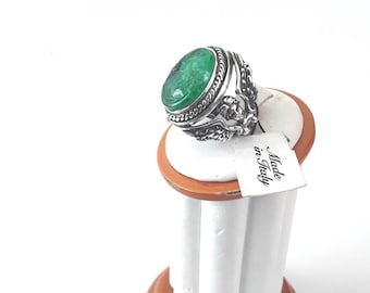 Green Glass Cameo Ring Sterling Silver Angels Cherubs Vintage New with Original Tag ITALY