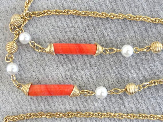 Faux Coral Tube and Pearl 36" Long Neck Nice - image 4