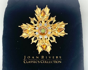 JOAN RIVERS Starburst Maltese Cross Brooch Vintage Amber Black Crystals Gorgeous