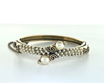 FLORENZA Ornate Bracelet Vintage Faux Pearls Locking Safety Etching Beautiful