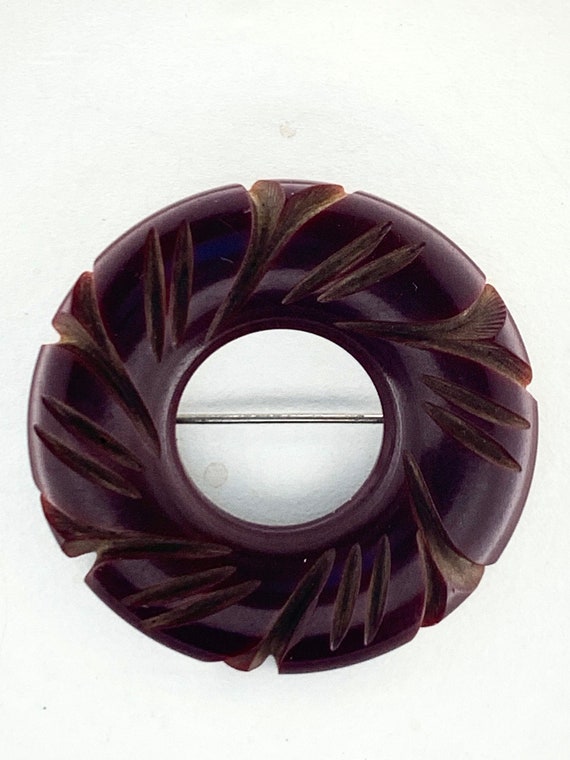 Brown Bakelite Carved Pin Brooch Deeply Vintage