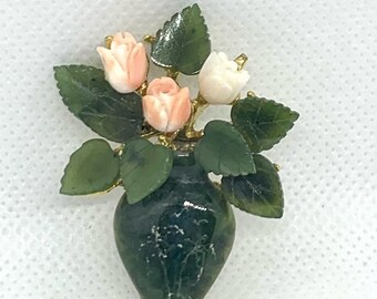 Swoboda Jade Pin Carved Coral Roses Genuine Vintage Vase Leaves