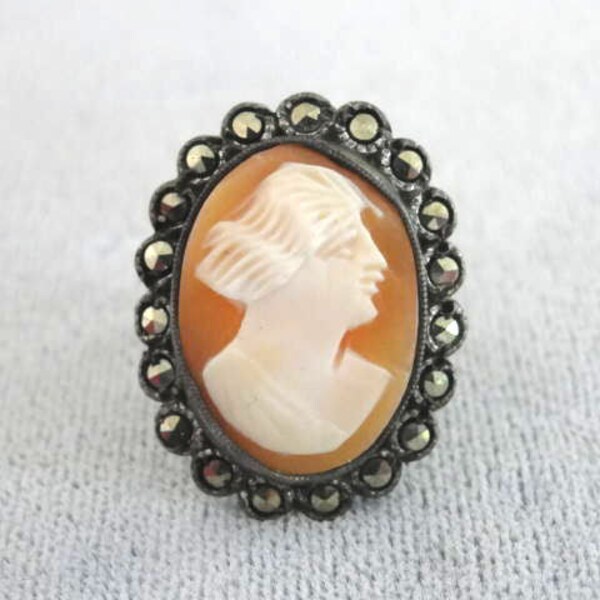 OLD Shell Cameo Marcasite Sterling Ring