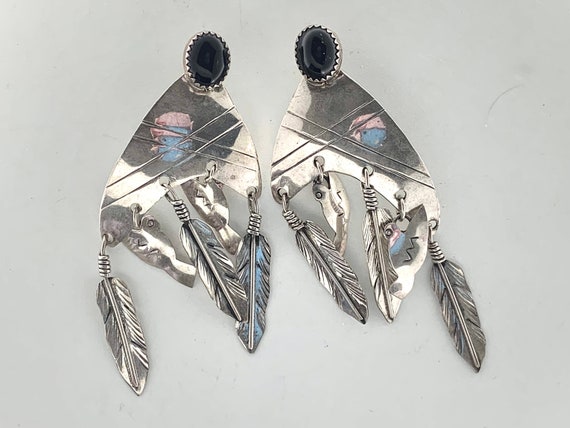 Southwestern Large Earrings Sterling Silver Black… - image 1