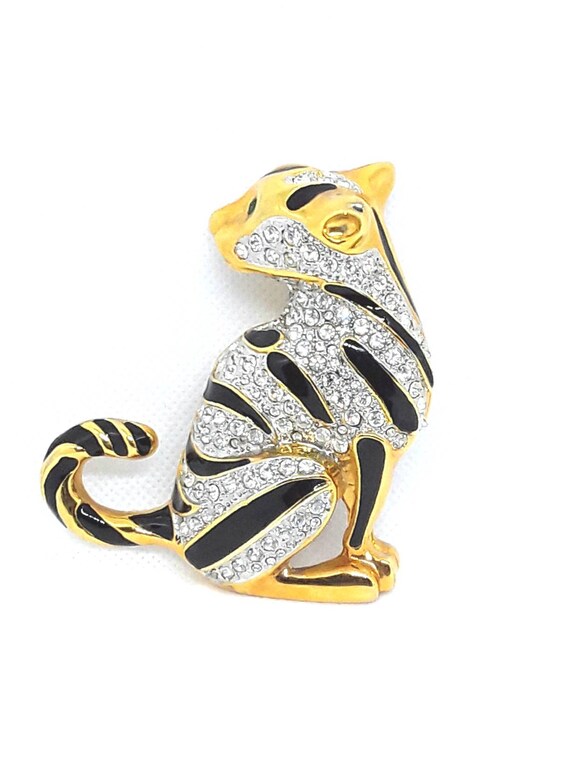 Massive Cat Tiger Brooch Enamel Rhinestones Vinta… - image 1