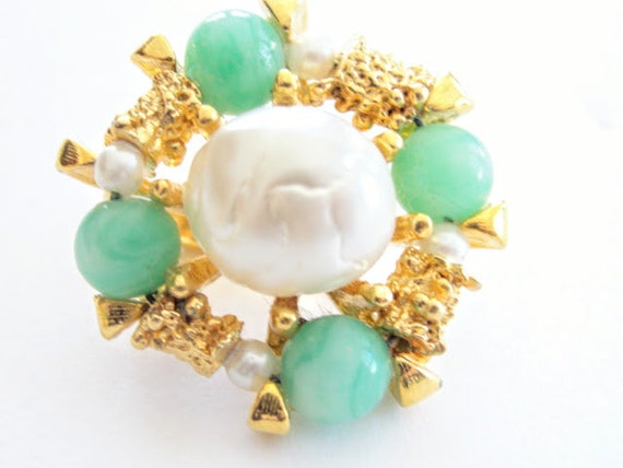 Mint Green Earrings Faux Pearls Clip Ons Nuggets - image 4