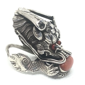 Chinese Dragon Ring Silver Coral Antique