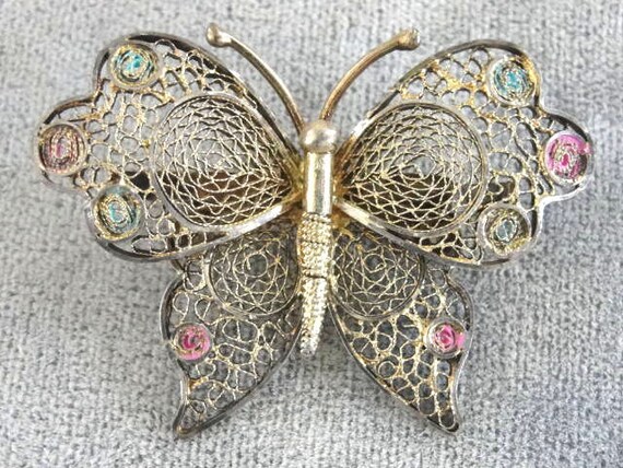 Enamel Filigree Butterfly Pin Vintage Silver Sign… - image 2