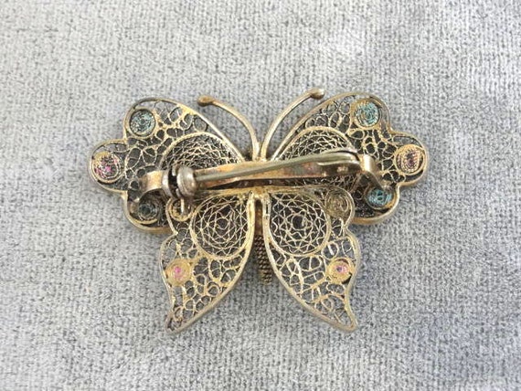 Enamel Filigree Butterfly Pin Vintage Silver Sign… - image 3