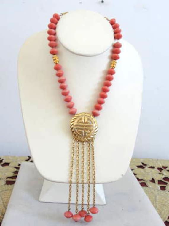 Faux Angel Skin Coral Bead Necklace Pendant Drops… - image 1