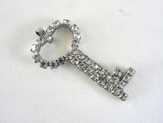 Rhinestone Key Pendant Prong Set Vintage Bail Ske… - image 1