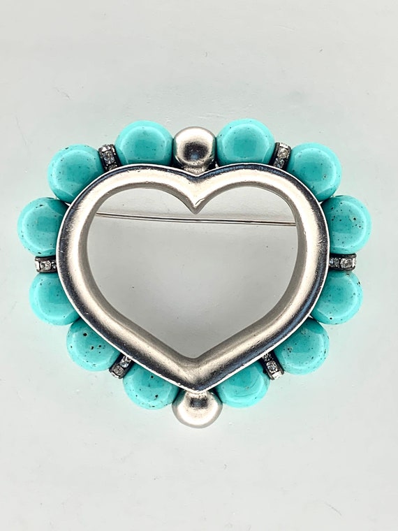 Vintage BEN AMUN Large Blue Beaded Heart Brooch