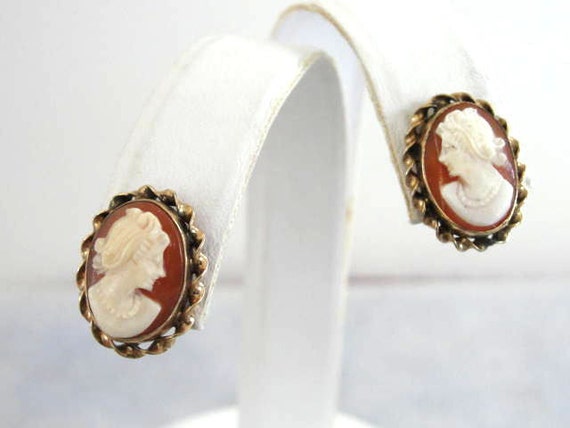 Cameo Gold Filled Earrings Signed Vintage Carved - image 1