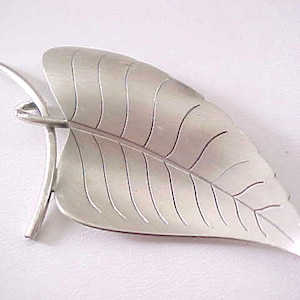 Sterling Leaf Pin Brooch Signed Vintage Matte 3 Inches