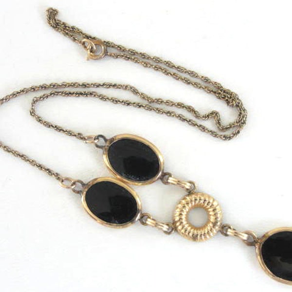 Black Onyx Necklace Gold Filled Vintage Pretty Rope Chain