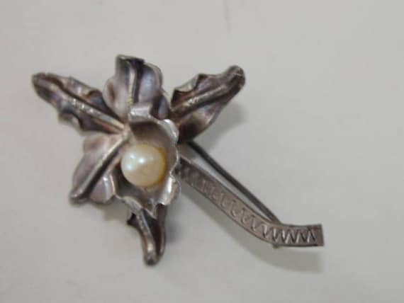 Handmade Orchid Pin Sterling Silver Vintage Pearl - image 1