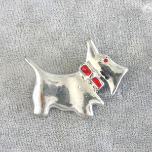 Scottie Dog Pin Silver Red Enamel Chunky Vintage Unusual