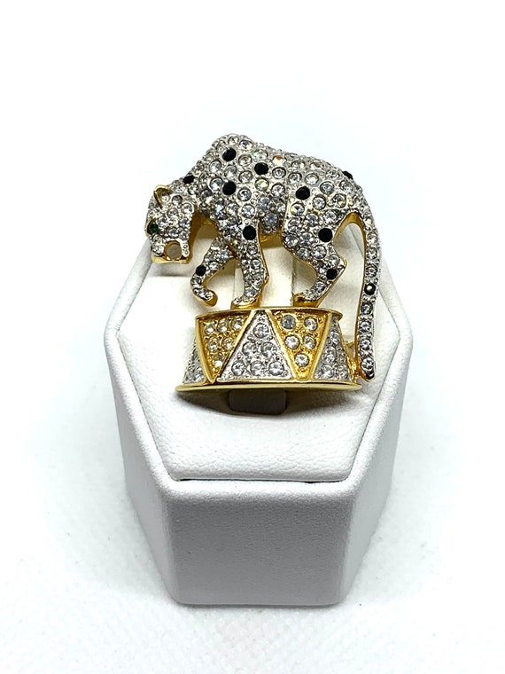 Vintage Signed Leopard Crystals Pin