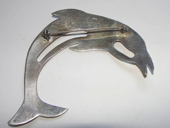 Dolphin Sterling Brooch Pin Large Signed Openwork… - image 3