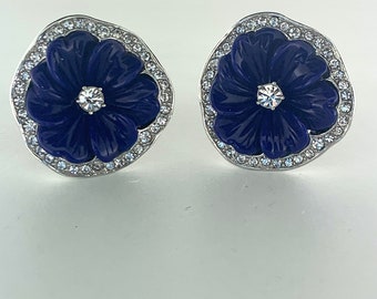 KJL Vintage Earrings Flowers Clip Ons Blue Lucite Crystals