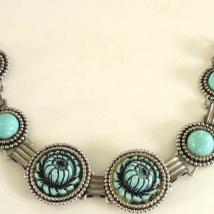 Blue Molded Bracelet Flower Link Silver Vintage Faux Turquoise